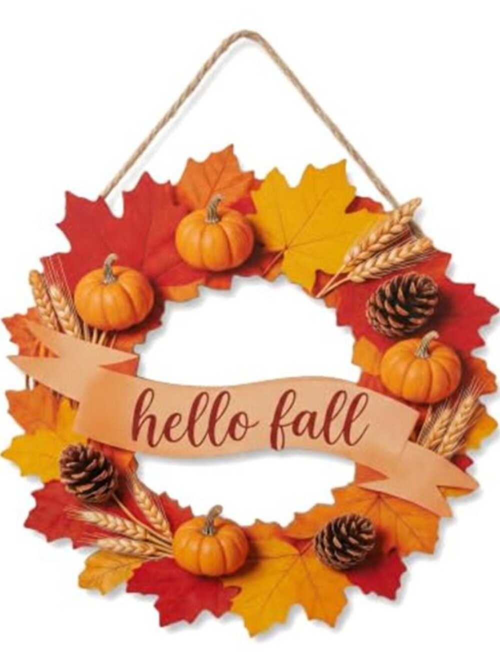 Hello Fall Sign 12" Wooden Fall Door Hanger with Maple Leaves Pumpkins